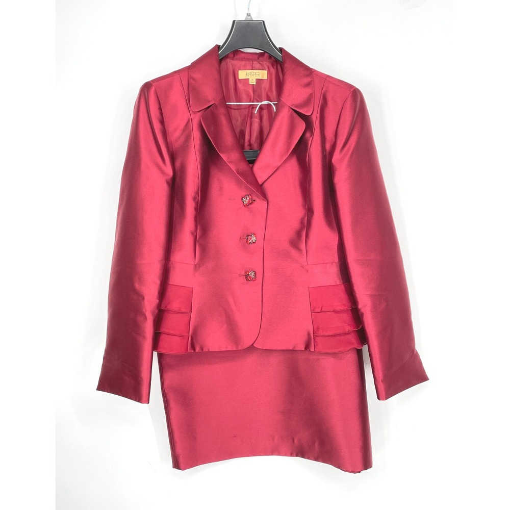 Kasper Women Skirt Suit Set 16 Blazer Skirt Red Satin Jewel Button Ruffle